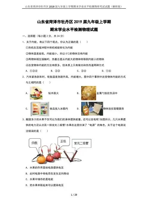 山东省菏泽市牡丹区2019届九年级上学期期末学业水平检测物理考试试题(解析版)
