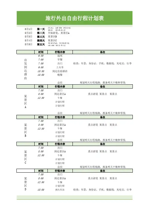 旅行外出自由行程计划表excel模板