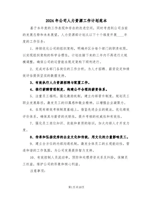 2024年公司人力资源工作计划范本（五篇）