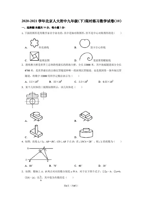 2020-2021学年北京人大附中九年级(下)限时练习数学试卷(10)
