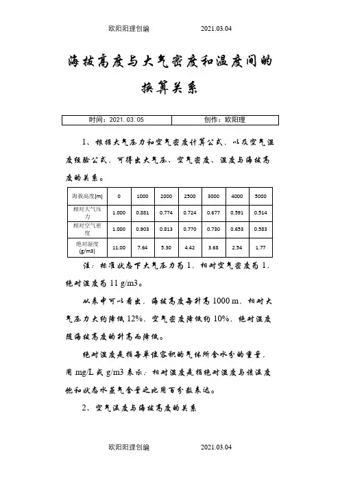 海拔与大气密度和温度间的换算关系之欧阳理创编