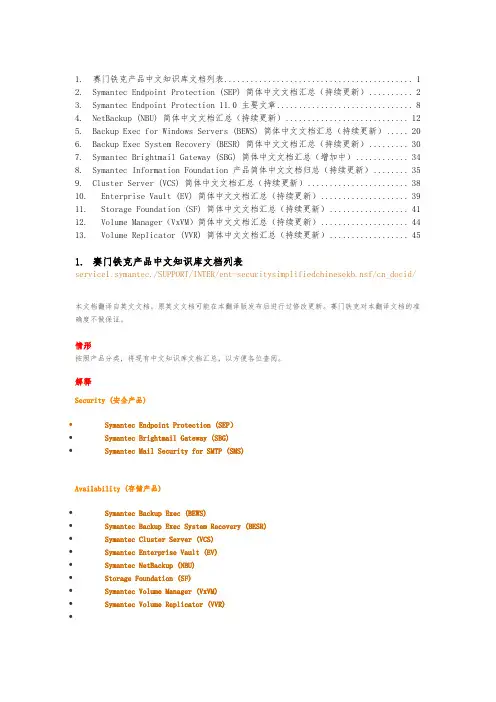 赛门铁克产品中文知识库文档列表