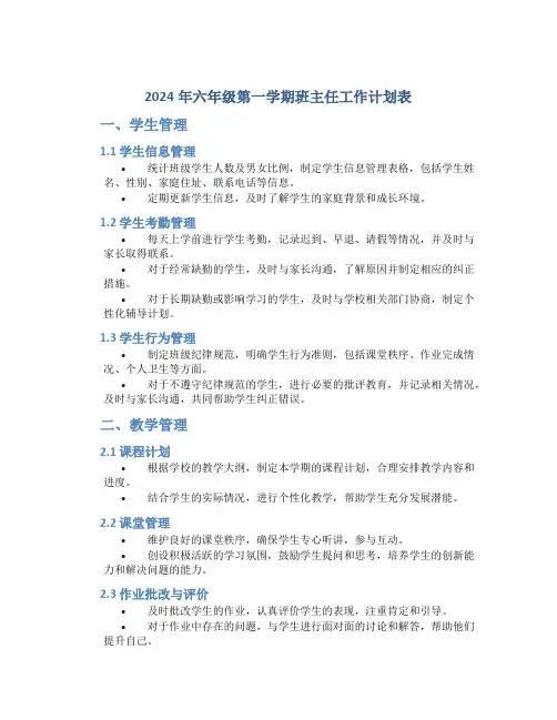 2024年六年级第一学期班主任工作计划表