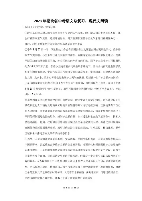 2023年湖北省黄石市中考语文总复习：现代文阅读(附答案解析)