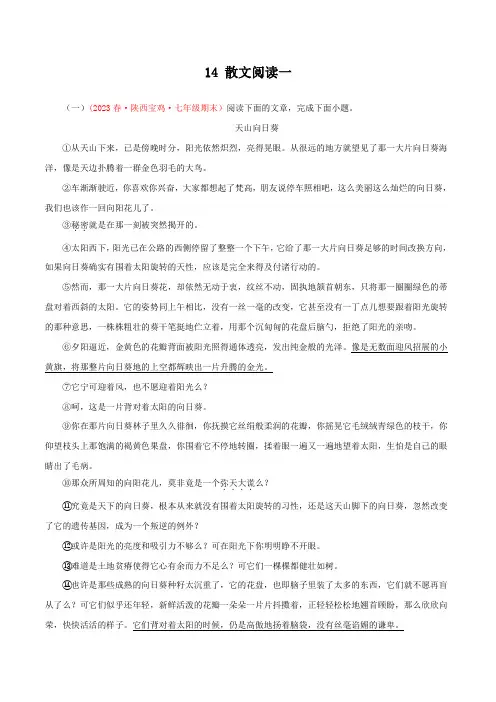 14散文阅读一(能力训练)-七年级语文下册(原卷版+解析)