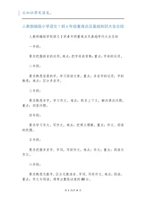 人教部编版小学语文1到6年级重难点及基础知识大全总结