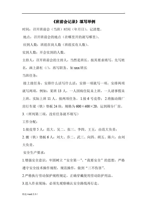 班前会记录填写范本