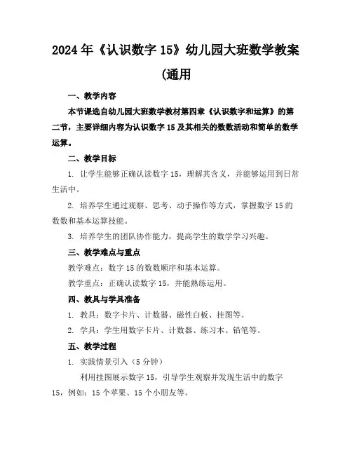 2024年《认识数字15》幼儿园大班数学教案(通用
