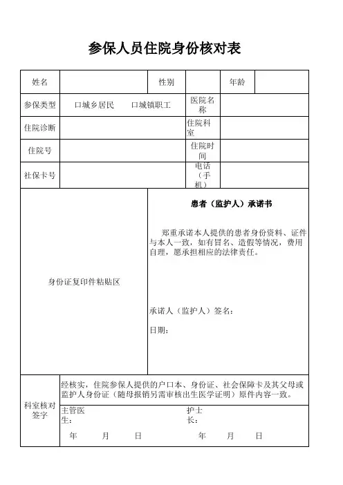 基本医疗保险参保人员住院医疗身份核对表,住院核对表