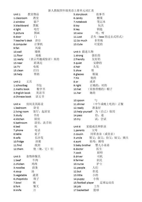 (完整版)人教版四年级英语上册单元词汇表打印