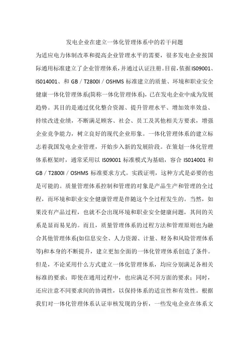发电企业在建立一体化管理体系中的若干问题