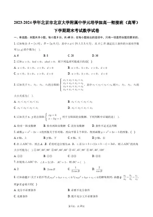 2024年北京市北京大学附属中学元培学院高一衔接班(高零)下学期期末考试数学试卷+答案解析