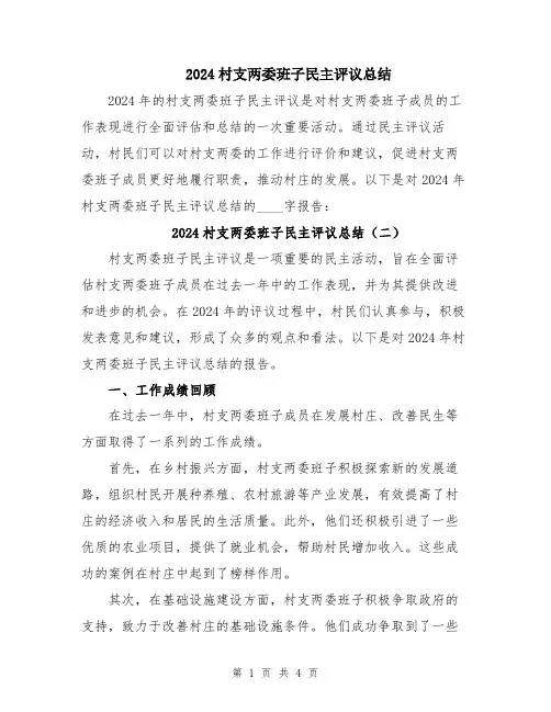 2024村支两委班子民主评议总结