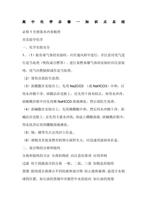 高中化学必修一知识点及公式总结