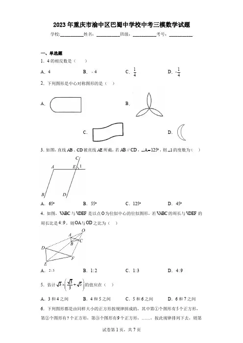 2023年重庆市渝中区巴蜀中学校中考三模数学试题