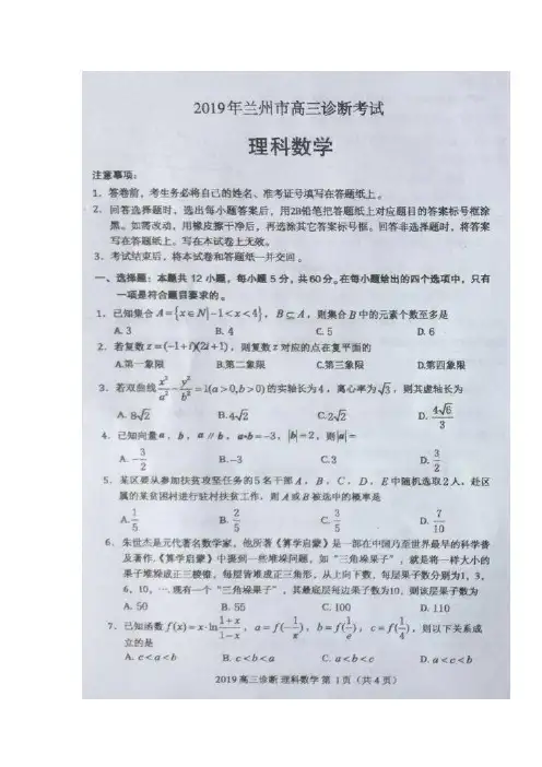 甘肃省兰州市2019届高三第一次诊断考试理数试题 含答案