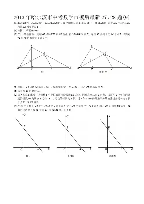2013年哈尔滨市中考数学市模后最新27、28题(9)