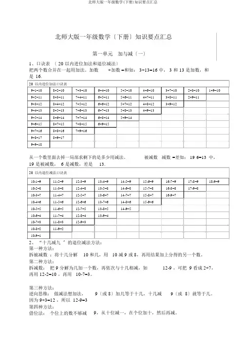 北师大版一年级数学(下册)知识要点汇总