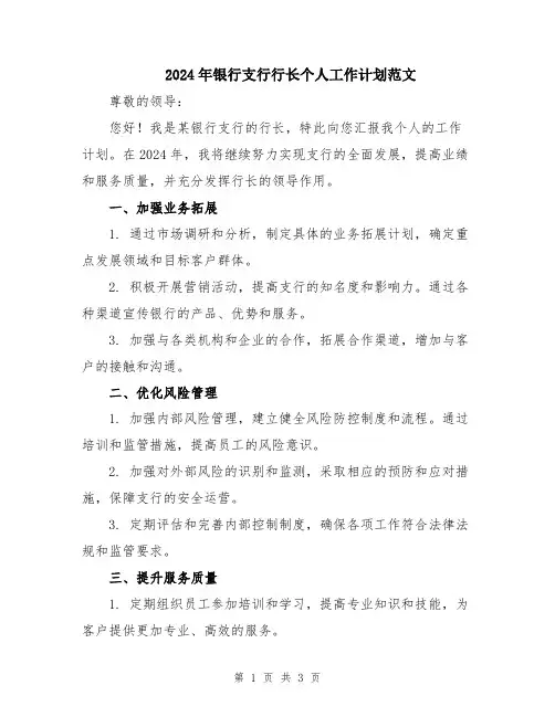 2024年银行支行行长个人工作计划范文
