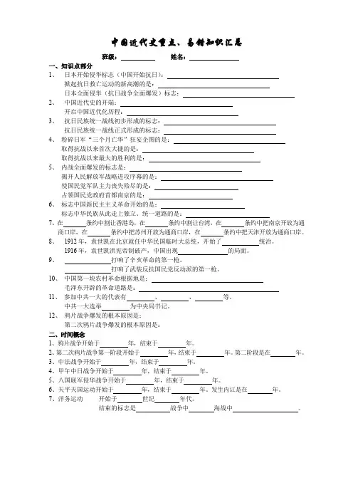 中国近代史重点、易错知识汇总