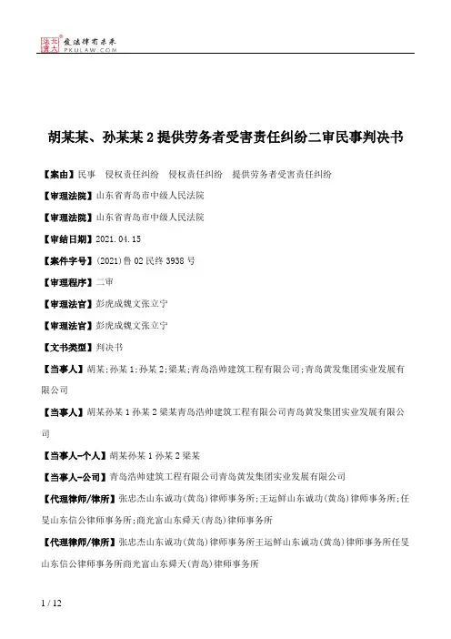 胡某某、孙某某2提供劳务者受害责任纠纷二审民事判决书
