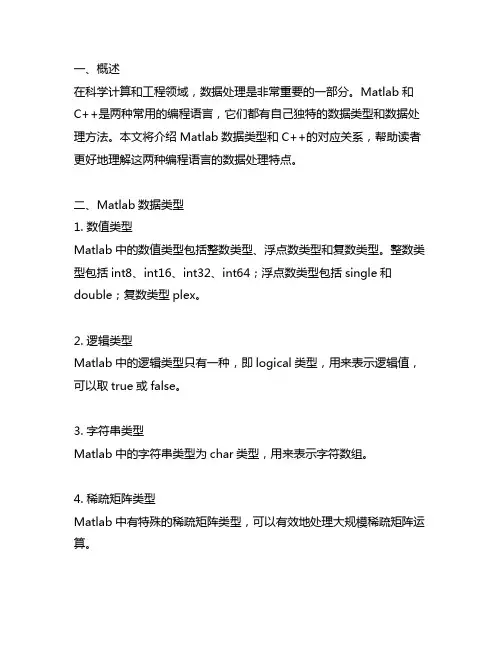 matlab 数据类型和c++的对应关系