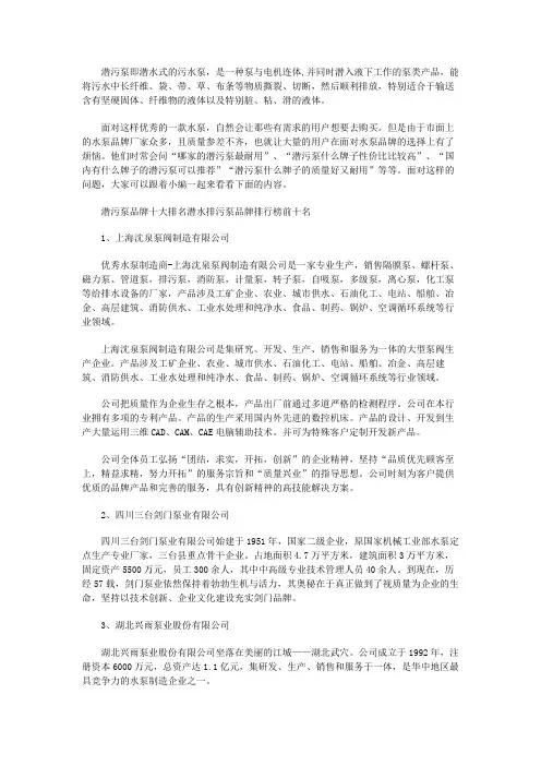 潜污泵品牌十大排名潜水排污泵品牌排行榜前十名