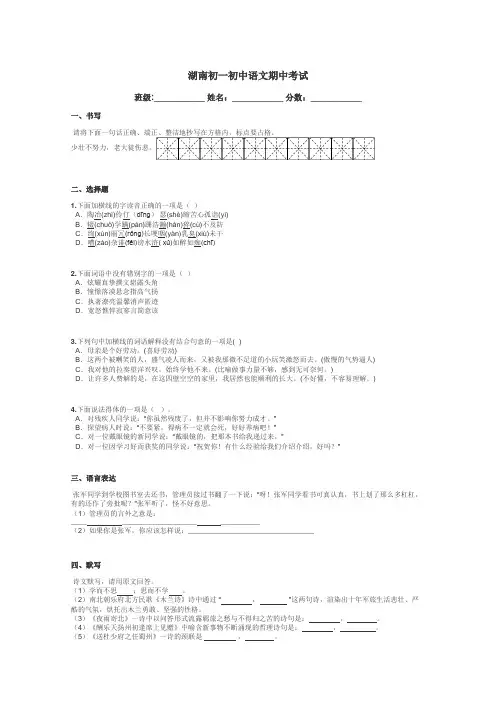 湖南初一初中语文期中考试带答案解析
