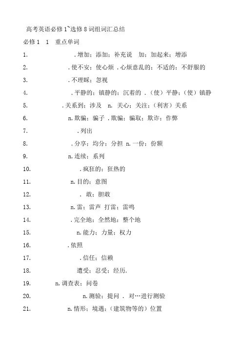 人教版高中英语必修一到选修八单词和短语
