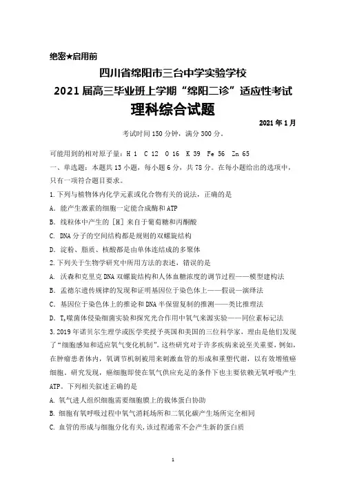 2021年1月四川省绵阳市三台中学实验学校2021届高三“绵阳二诊”适应性考试理科综合试题及答案