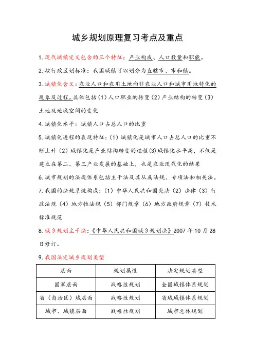 城乡规划原理复习考点及重点