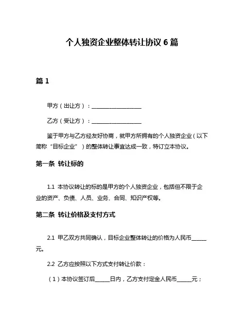 个人独资企业整体转让协议6篇