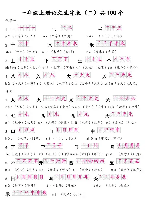 人教版一年级上册语文生字表(二)带笔顺拼音组词及积累