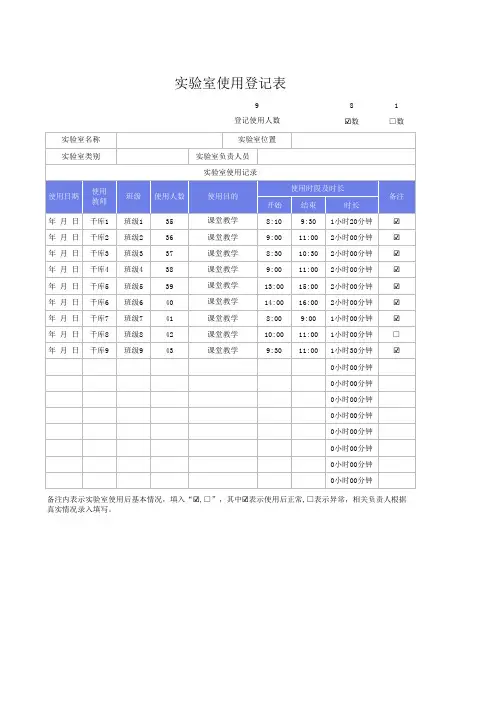 实验室使用登记表