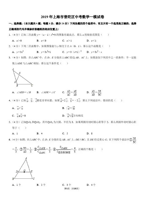 2019年上海市普陀区中考数学一模考试卷含逐题详解
