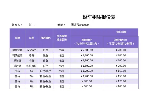 婚车租赁报价表范本excel模板