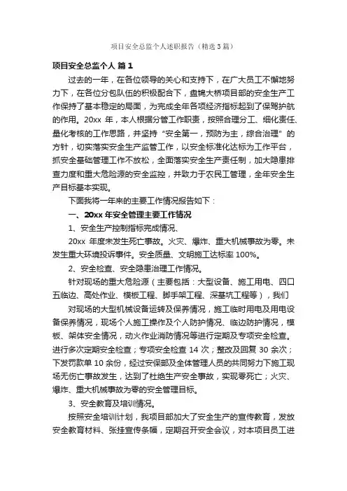 项目安全总监个人述职报告（精选3篇）