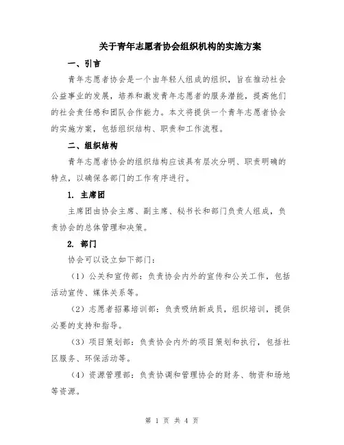 关于青年志愿者协会组织机构的实施方案