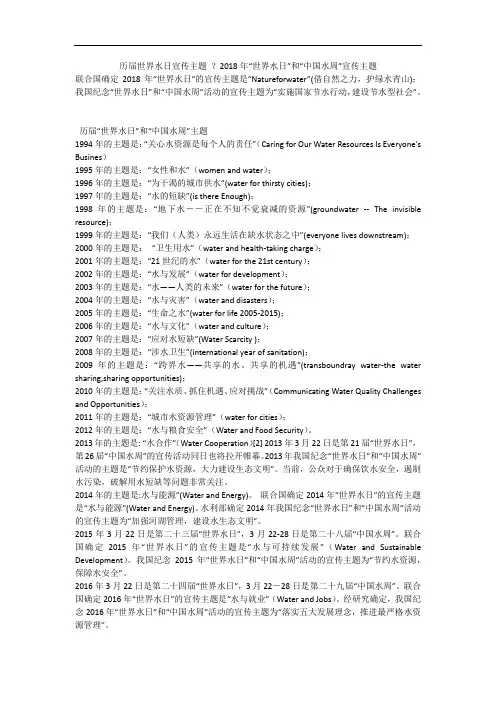 历届世界水日宣传主题 ？2018年“世界水日”和“中国水周”宣传主题