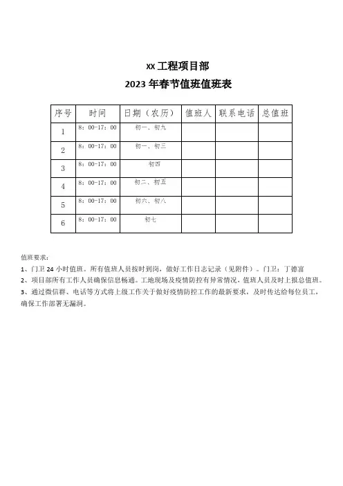 XX工程春节全套(值班表、值班日志、安全措施、值班制度