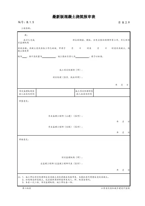 最新版建筑工程混凝土浇筑报审表
