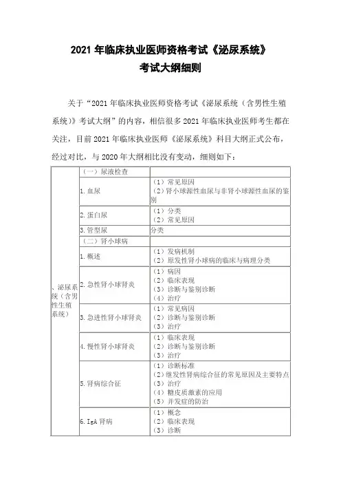 2021年临床执业医师资格考试《泌尿系统》考试大纲细则