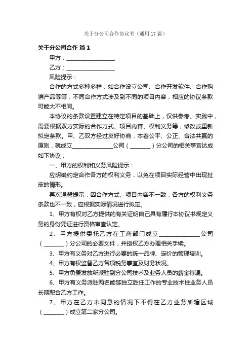 关于分公司合作协议书（通用17篇）