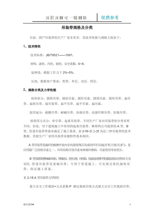 吊装带的规格及分类(一类特选)