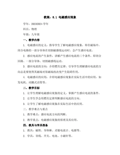 8.1电磁感应现象教案：2023-2024学年学年教科版九年级上册物理