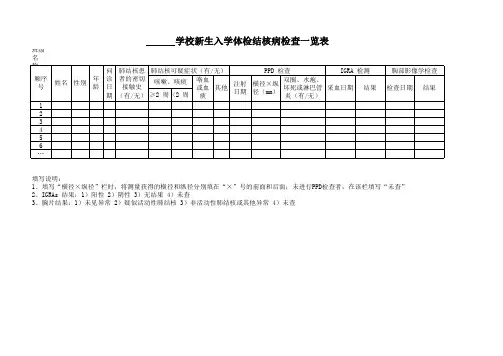 学校新生入学体检结核病检查一览表-定-5.12