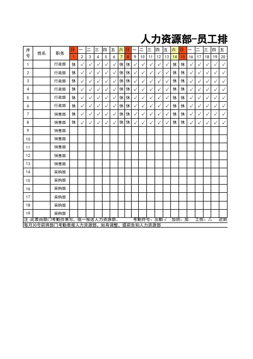 人力资源部-员工排班表