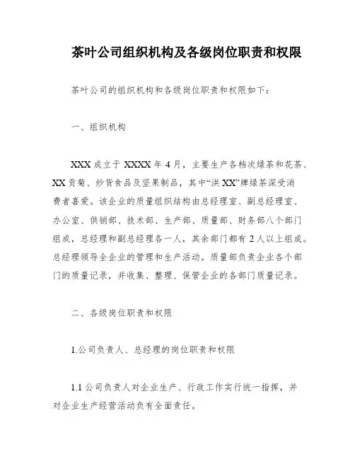 茶叶公司组织机构及各级岗位职责和权限