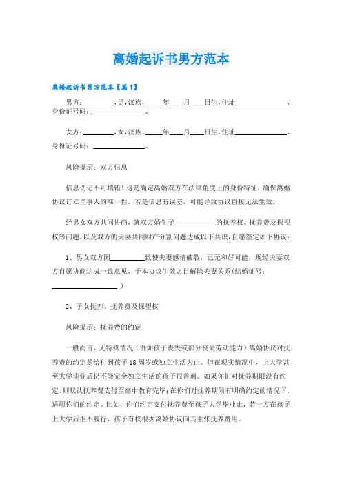 离婚起诉书男方范本