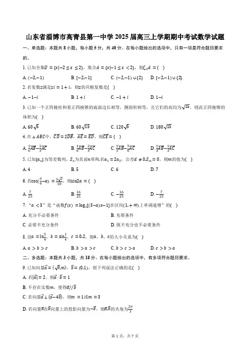 山东省淄博市高青县第一中学2025届高三上学期期中考试数学试题(含答案)